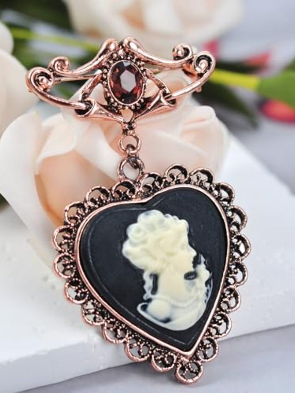 Purple Crystal Vintage Victorian Heart Cameo Women Brooch Pin | Copper-Tone